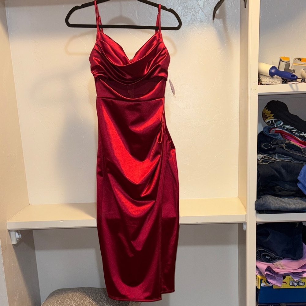 Windsor Satin Cowl Neck Spaghetti Strap Midi Dress in Red
